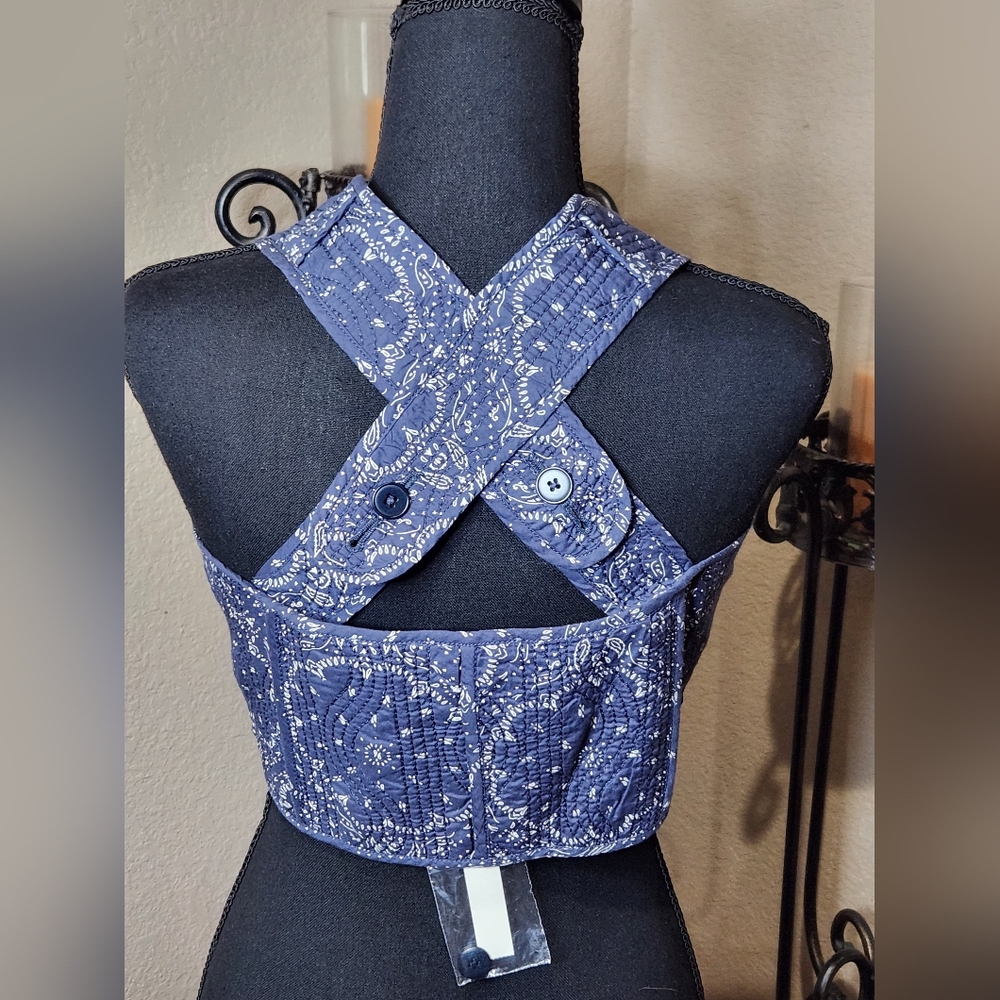 Madewell Quilted Sweetheart Blue Patterned Cropped Top. NWT. Size 12 - Picture 2 of 10